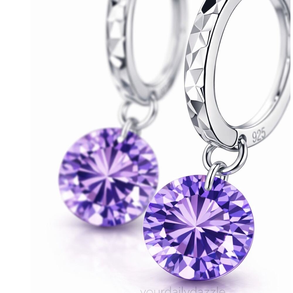 925 Sterling Silver Hoop Earrings Purple Gemstone Dangle